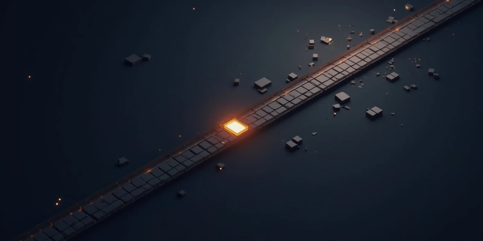 A long narrow track with a sharp turn, a missing gap and a cracked tile
